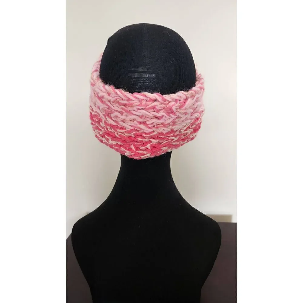 Pink Crocheted Cap and Knit Headband with Flowers, Handmade,  Cute and Warm, NEW